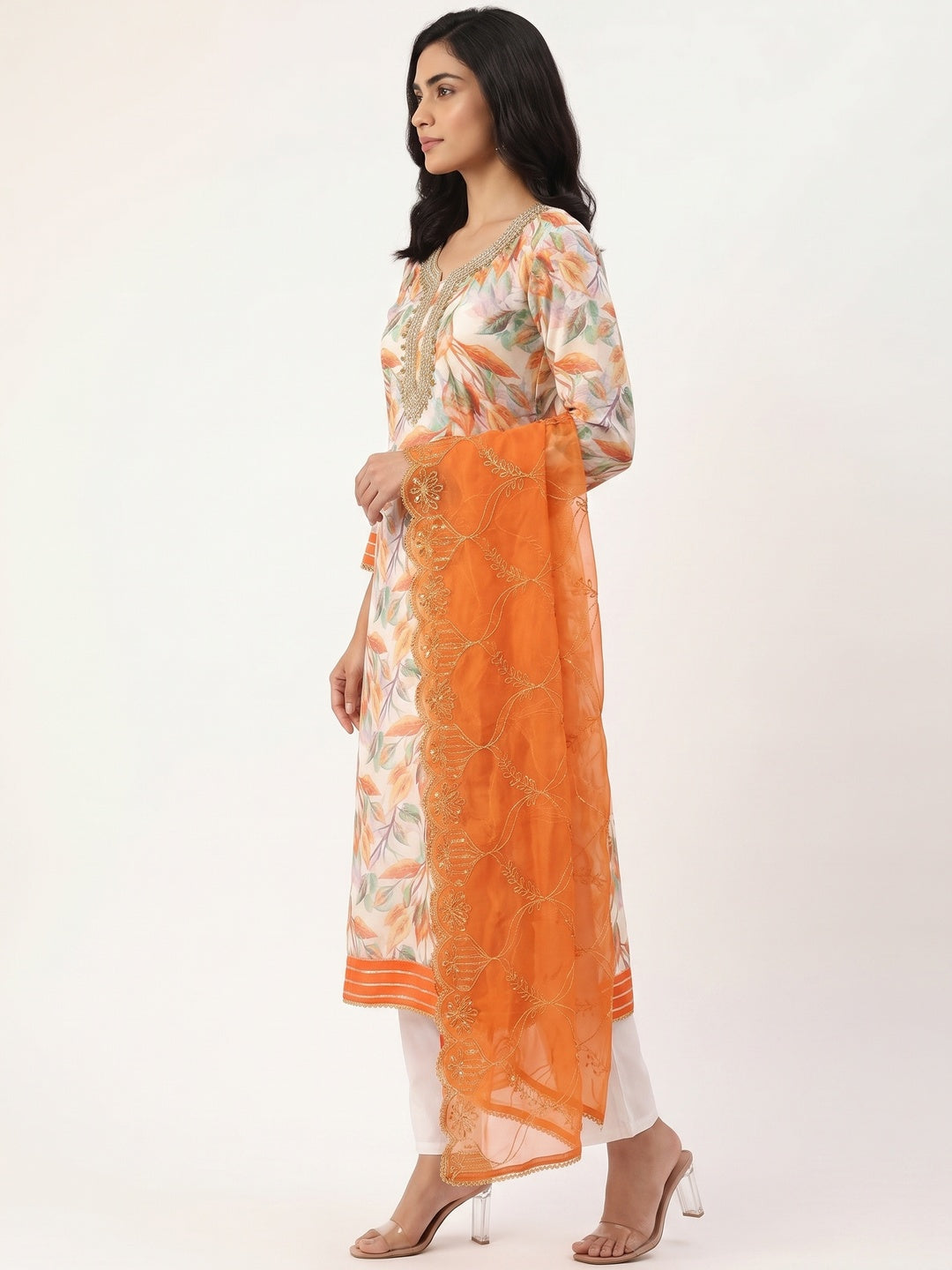 Cream & Orange Digital Printed Organza Dress Material - Image 3