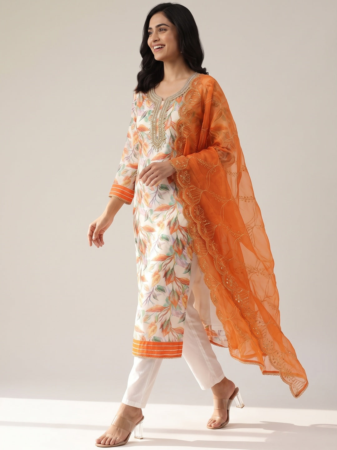 Cream & Orange Digital Printed Organza Dress Material - Image 4