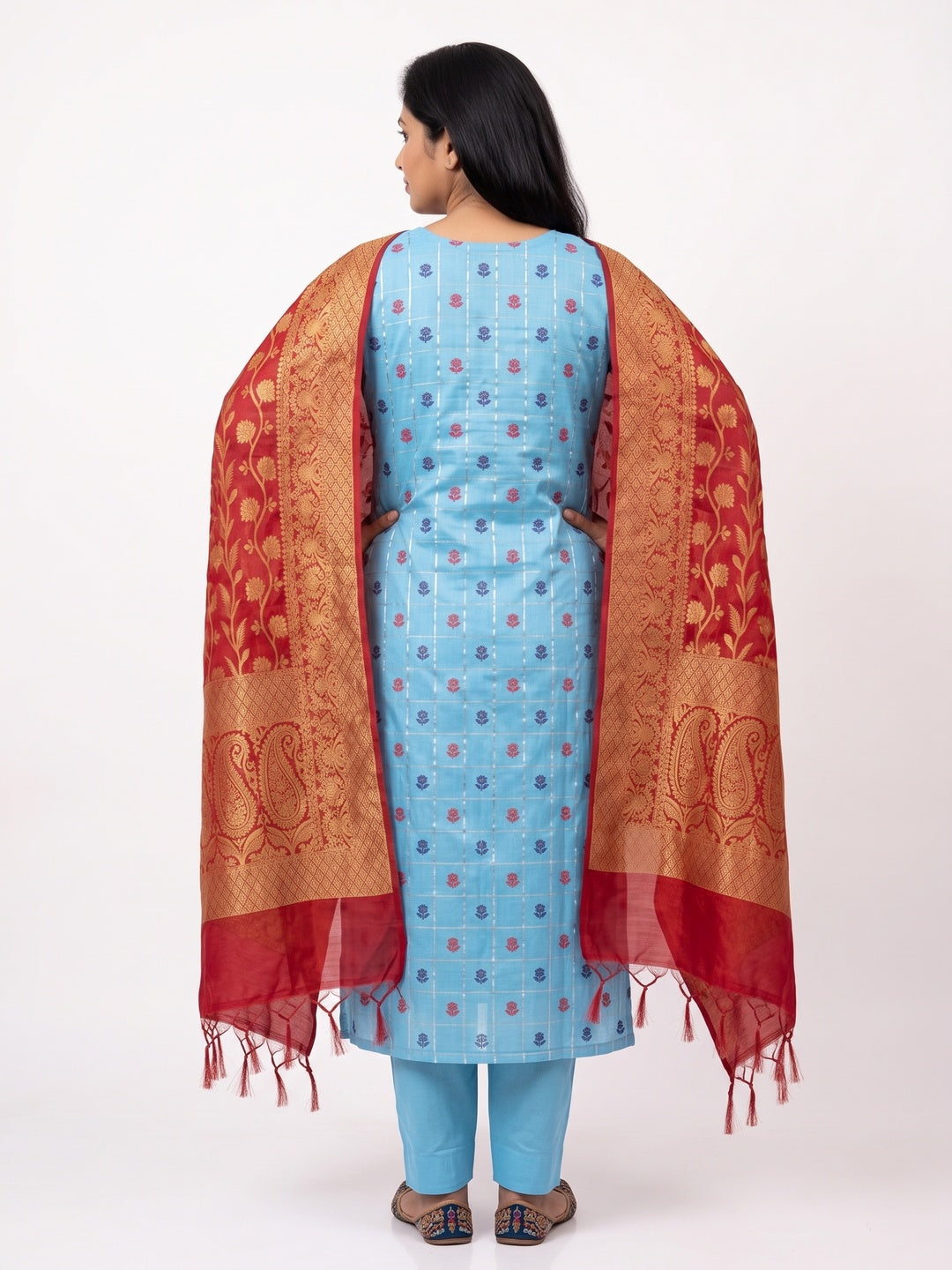 Elegant Blue Banarasi Silk Checked Dress Material Set - Image 2