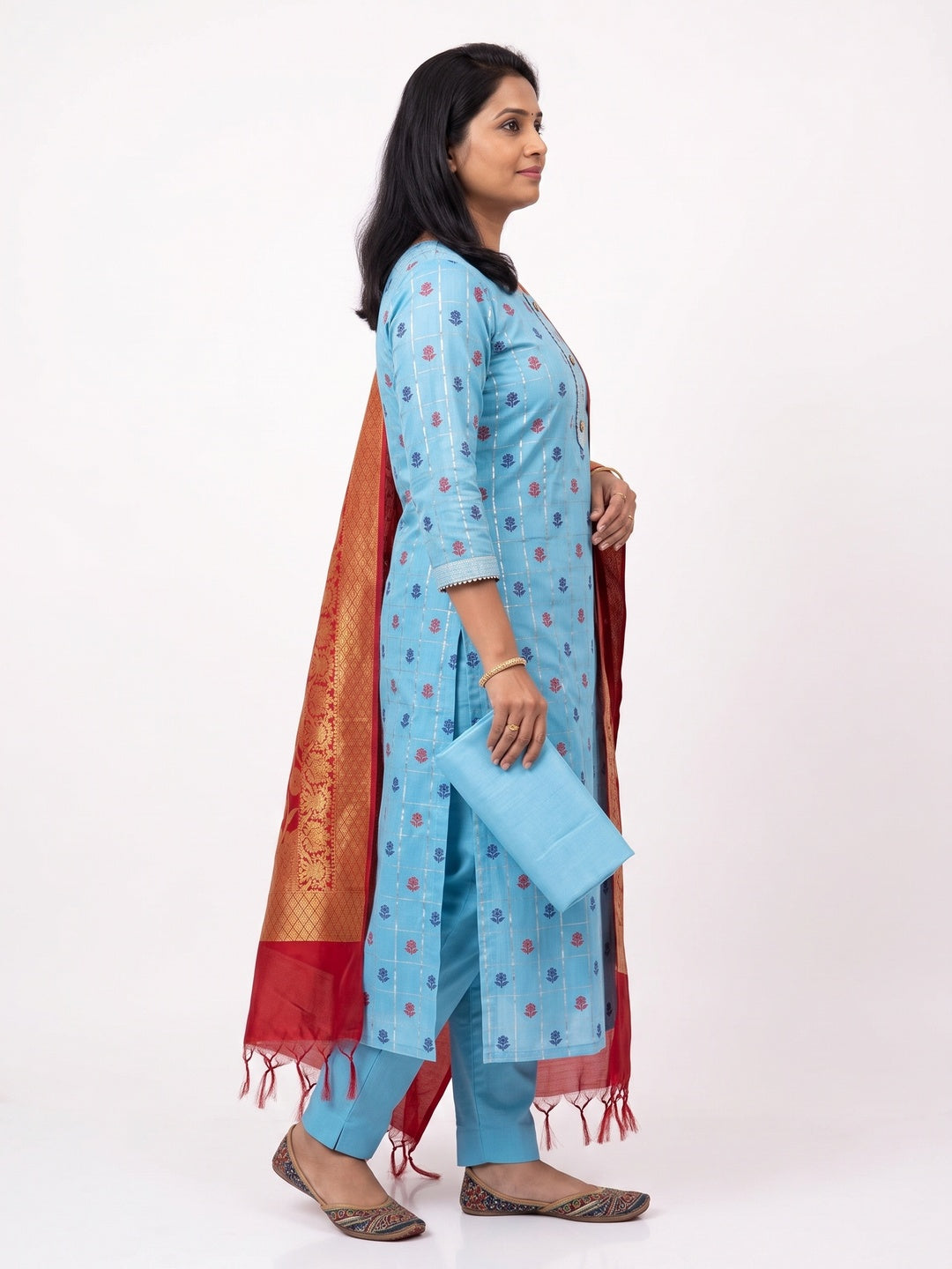 Elegant Blue Banarasi Silk Checked Dress Material Set - Image 3