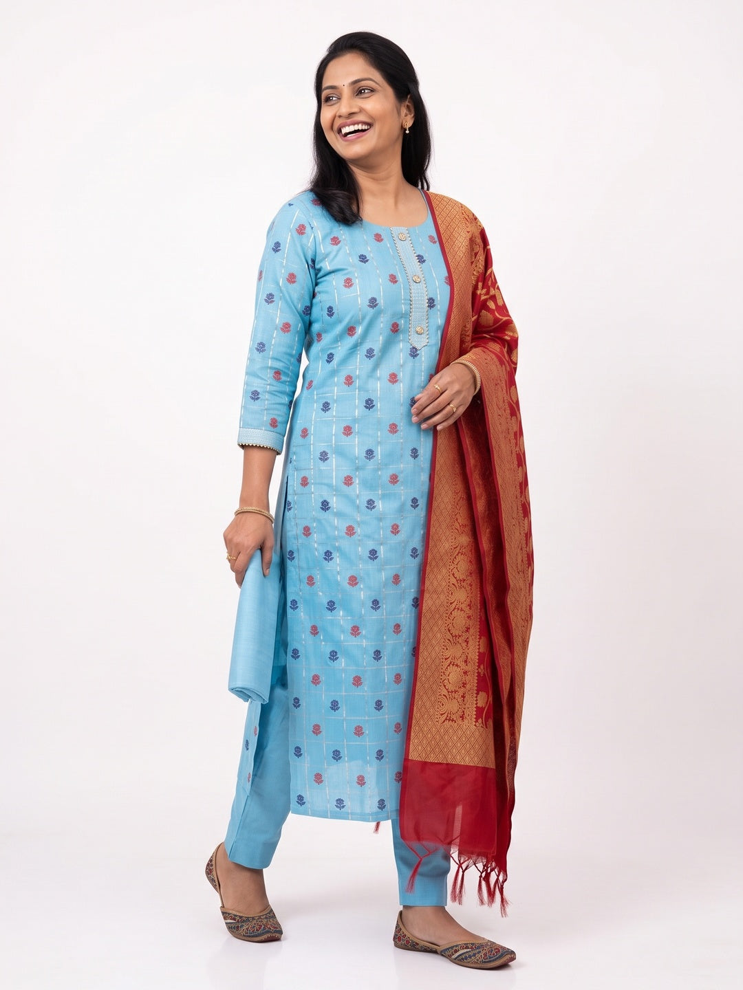 Elegant Blue Banarasi Silk Checked Dress Material Set - Image 4