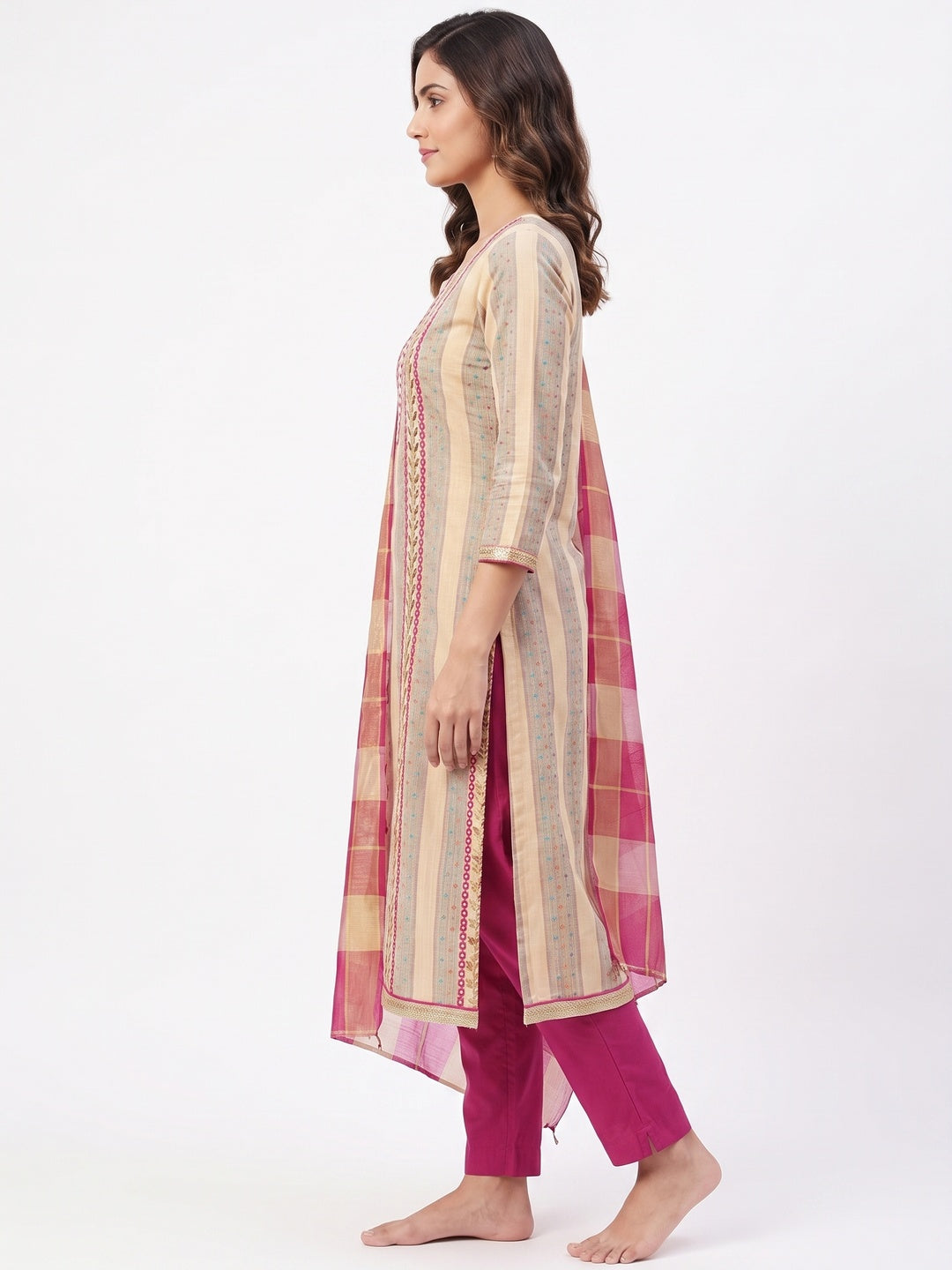 Graceful Beige Colored Casual Embroidered Cotton Dress Material - Image 3