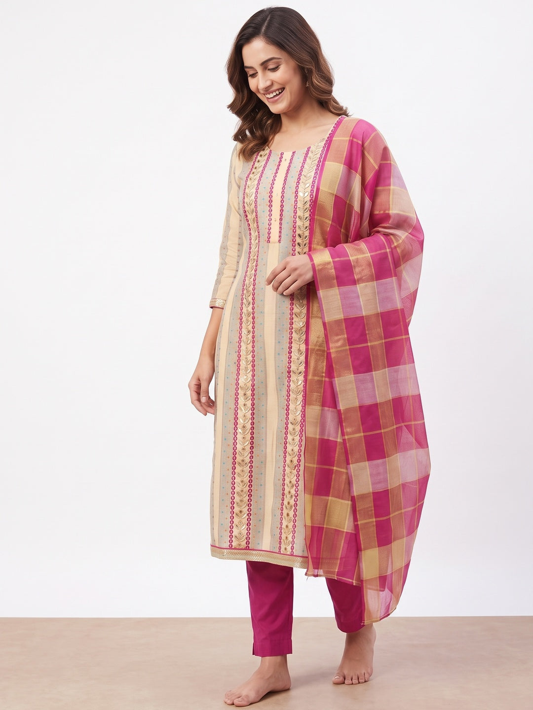 Graceful Beige Colored Casual Embroidered Cotton Dress Material - Image 4