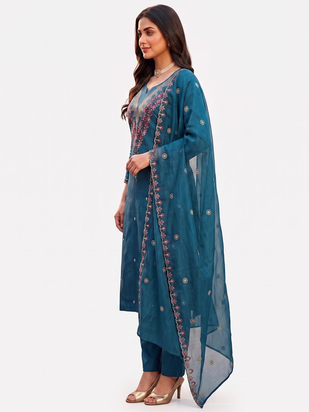 Peachmode Blue Art Silk Dress Material with Floral Embroidery - Image 8