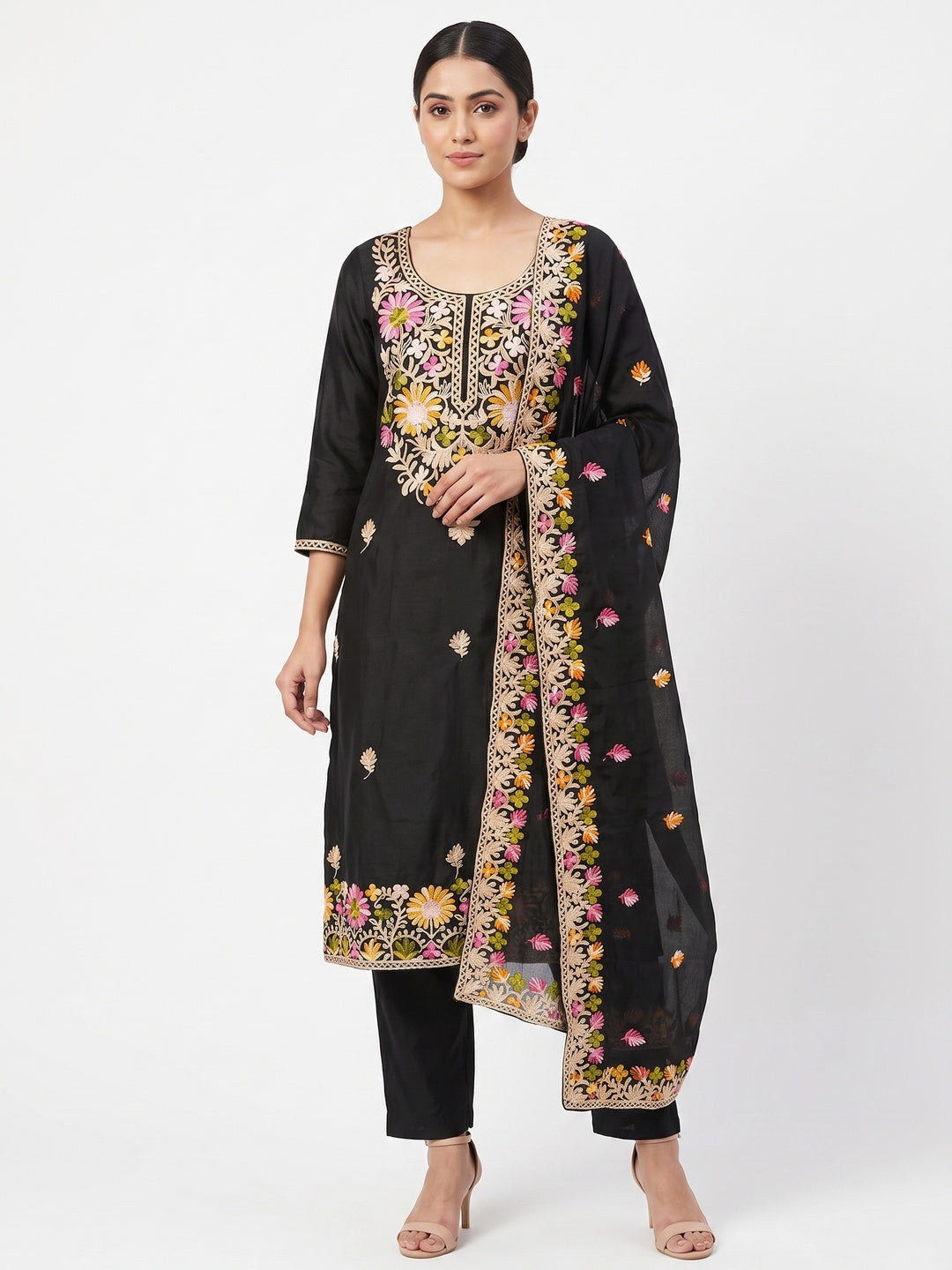 Black Designer Roman Art Silk Dress Material Adorned With Floral Thread Embroidery Work - Image 1