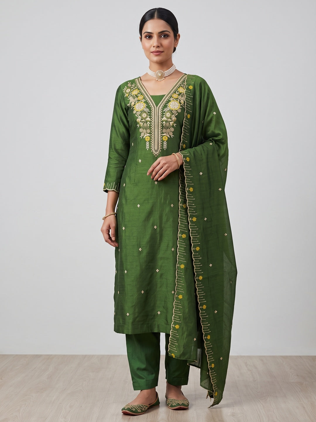 Green Premium Vichitra Silk Dress Material Featuring Delicate Floral Embroidered Detailing - Image 1