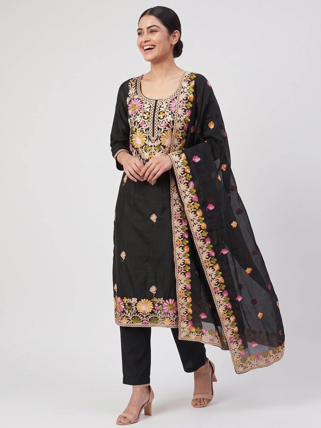 Black Designer Roman Art Silk Dress Material Adorned With Floral Thread Embroidery Work - Image 4