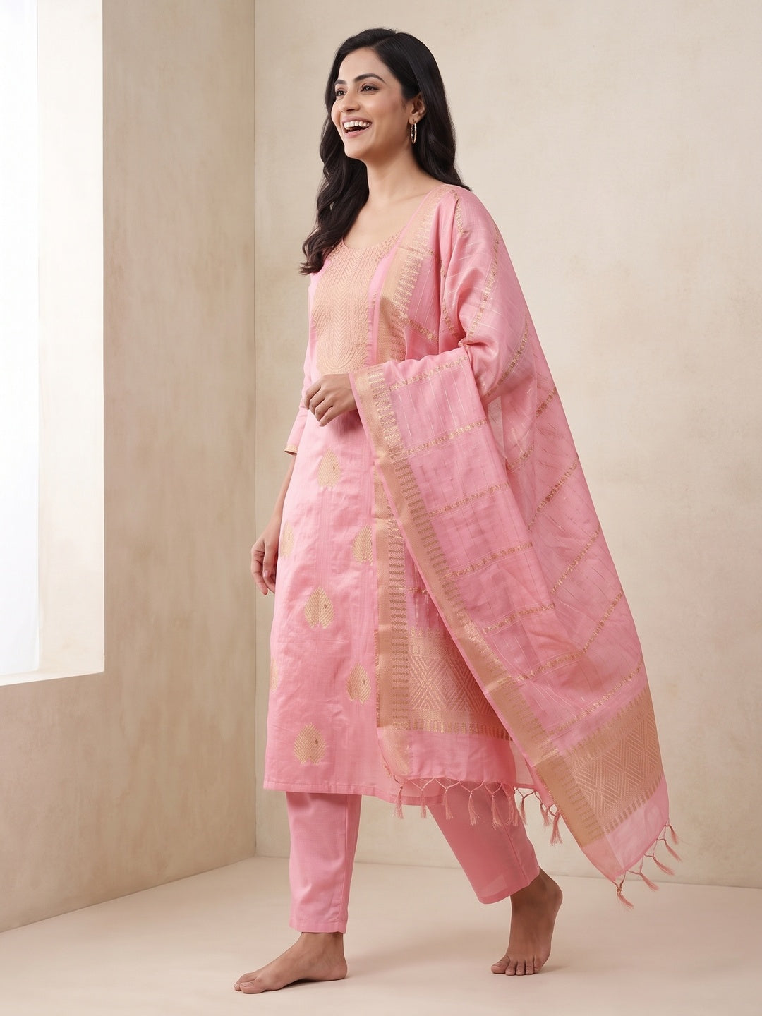 A Mesmerizing Creation Baby Pink Floral Woven Banarasi Jacquard Dress Material - Image 4