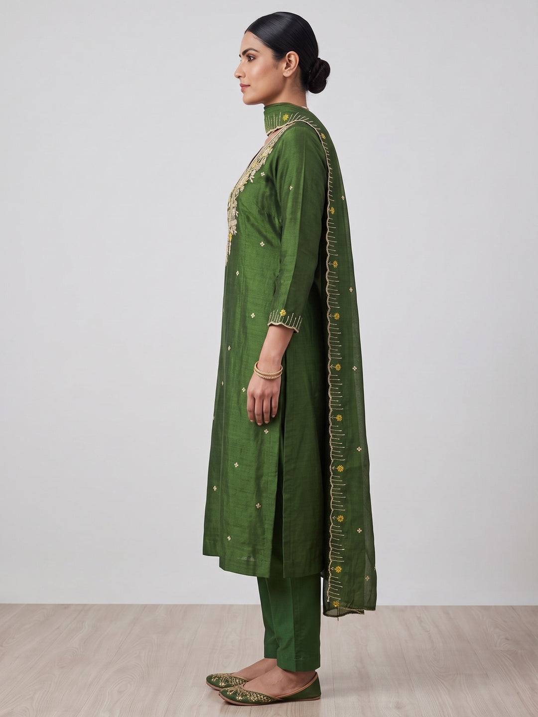 Green Premium Vichitra Silk Dress Material Featuring Delicate Floral Embroidered Detailing - Image 3