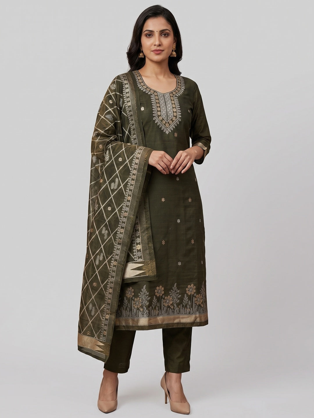 Premium Mehendi Green Floral Weaving Chanderi Silk Dress Material With Intricate Zari Work - Image 6