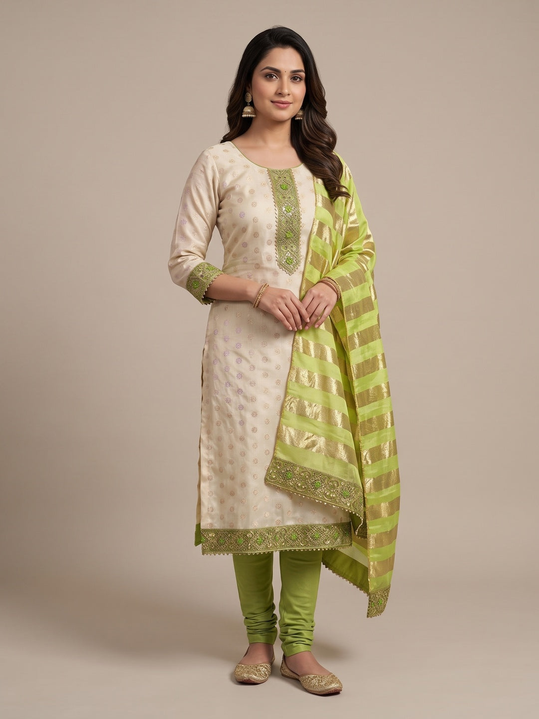 Cream & Green Floral Weaving Shimmer Dress Material Adorned With Elegant Sequins Embroidery - Image 6