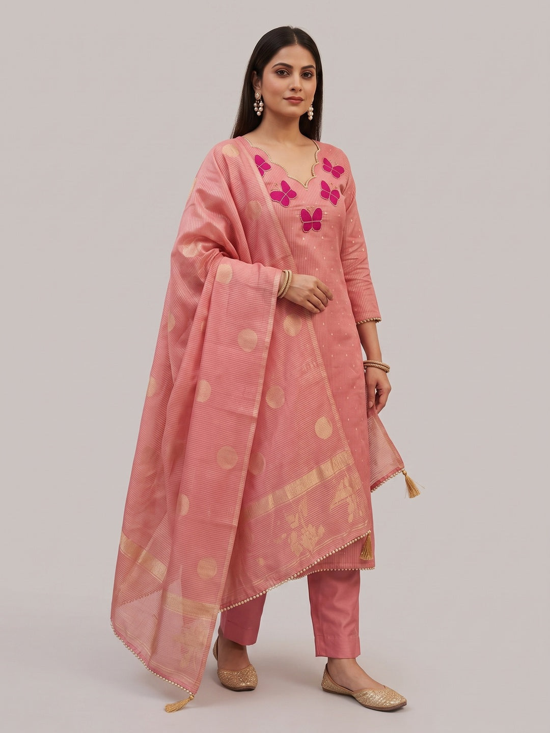 Premium Pink Striped Weaving Silk Blend Dress Material Enhanced with Beads & Moti Hand Work - Image 7