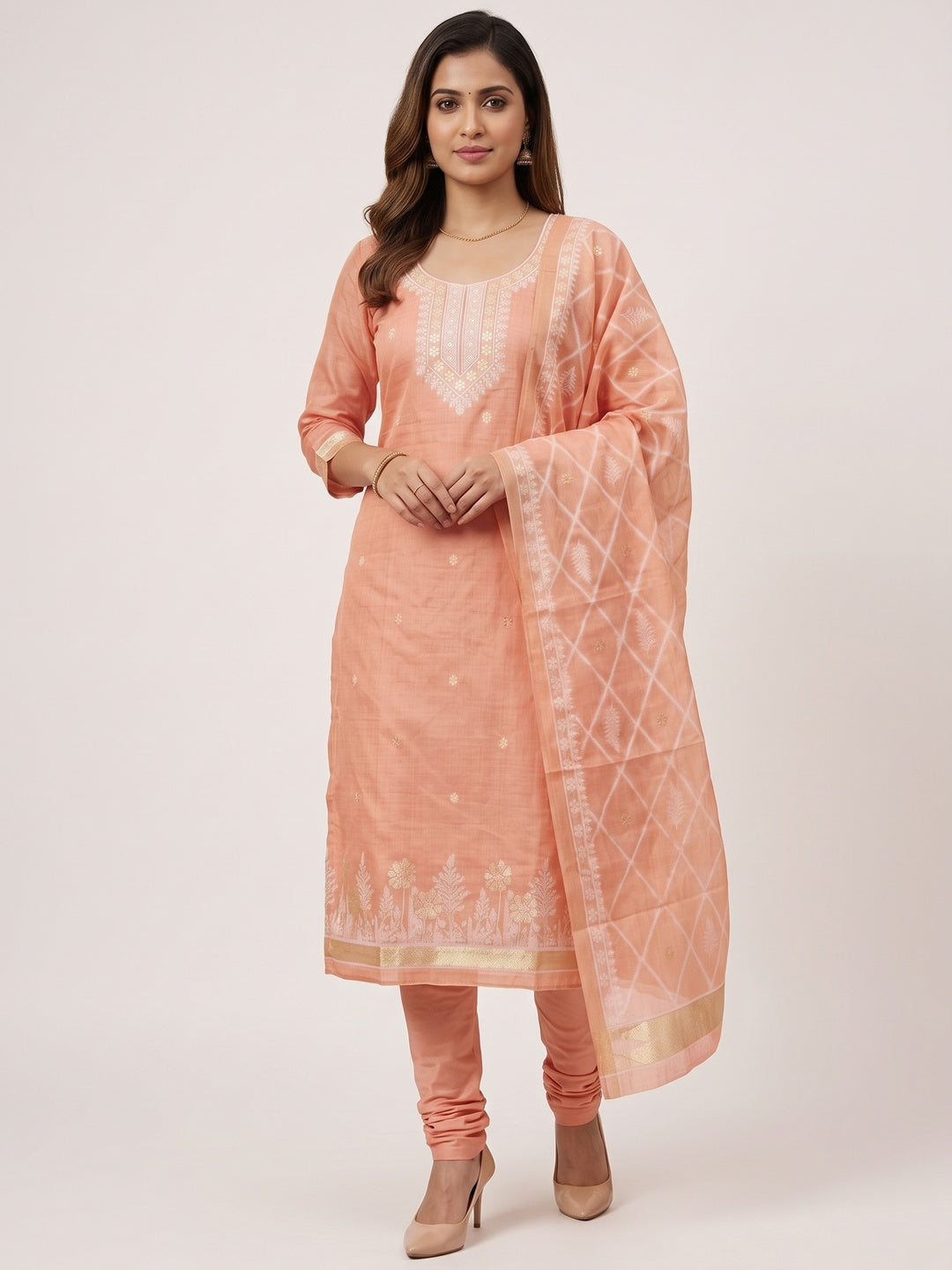 Premium Peach Floral Weaving Chanderi Silk Dress Material With Intricate Zari Work - Image 6