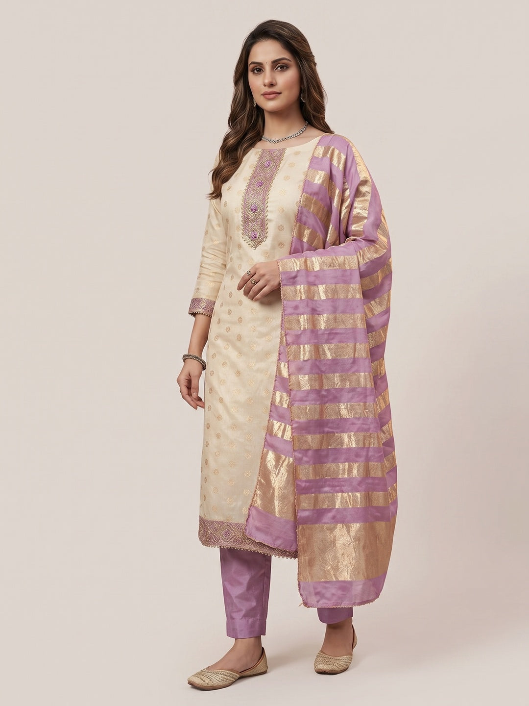 Cream & Lavender Floral Weaving Shimmer Dress Material Adorned With Elegant Sequins Embroidery - Image 6
