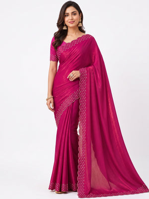 Peachmode Magenta Fandy Satin Saree with Scalloped Cutwork Border - Image 4