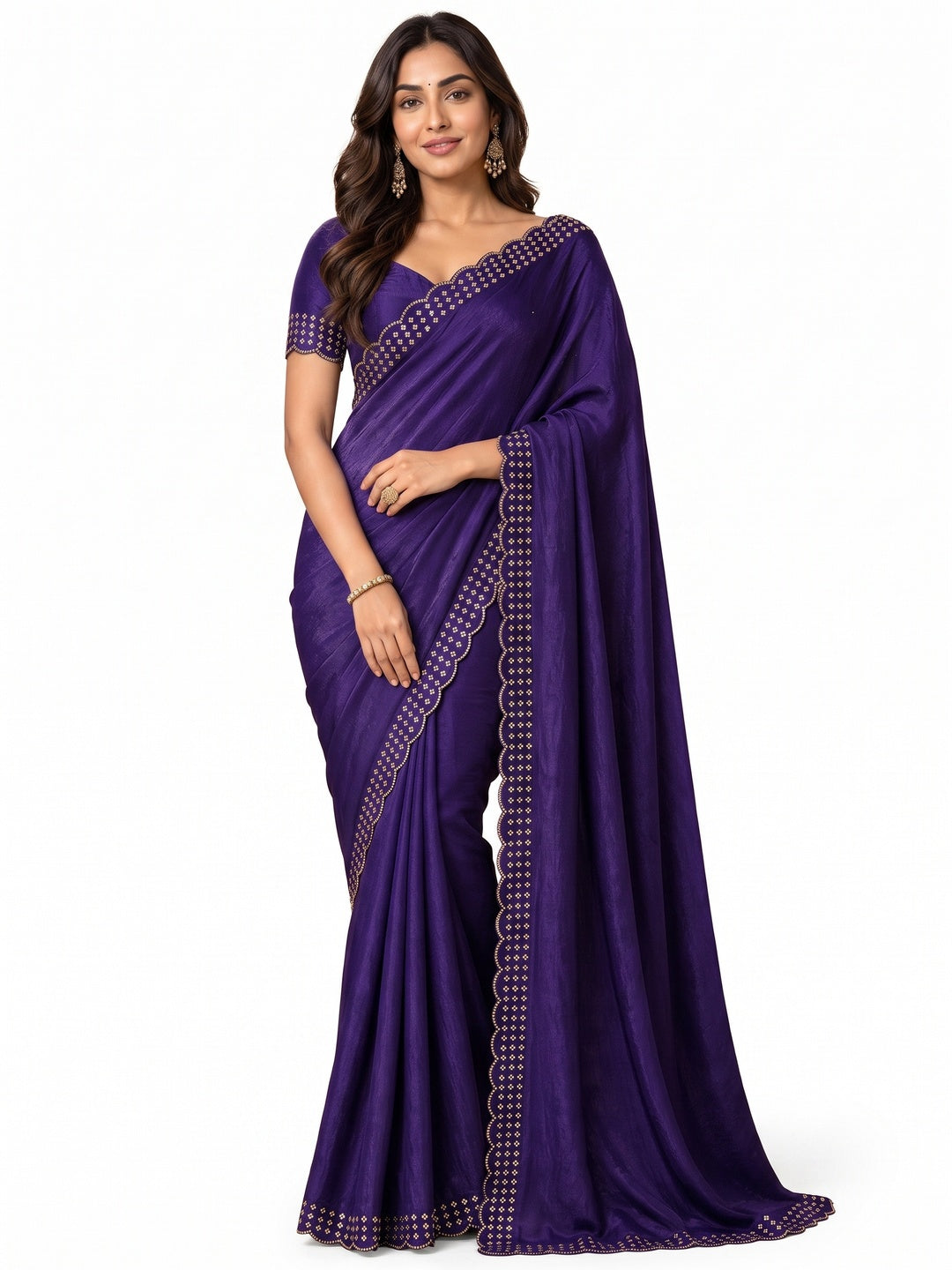Peachmode Purple Fandy Satin Saree with Scalloped Cutwork Border - Image 4