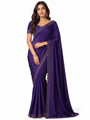 Peachmode Purple Fandy Satin Saree with Scalloped Cutwork Border - Image 4