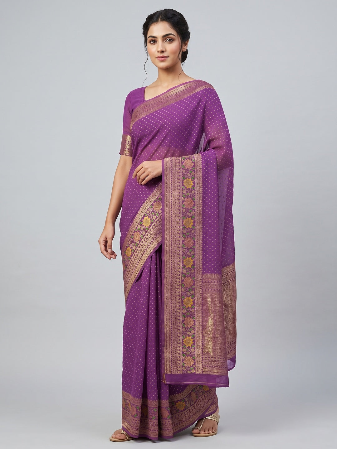 Purple Saree in Pure Georgette Featuring Delicate Zari Butti Work - Image 1