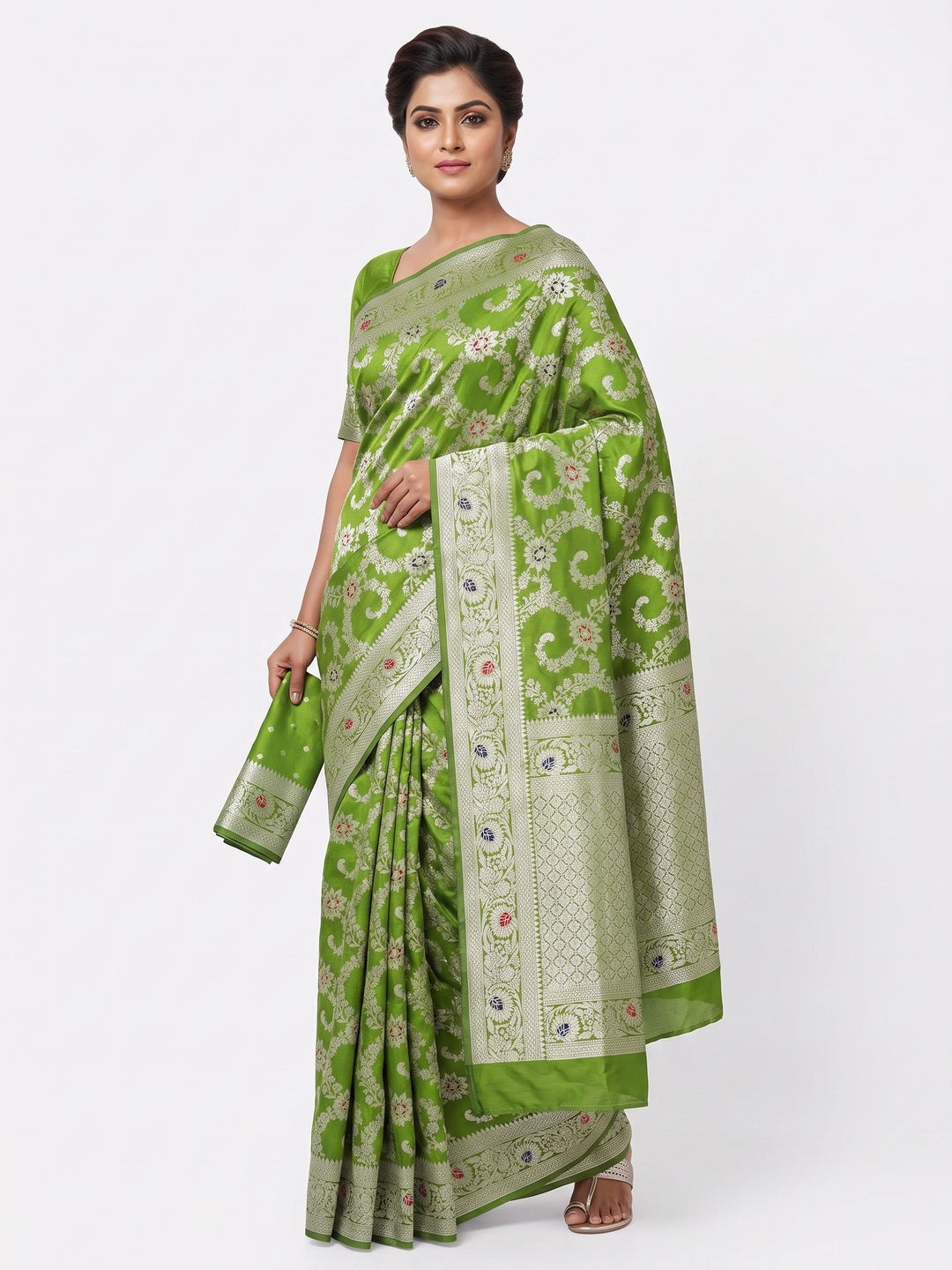 Parrot Green Pure Silk Drape Featuring Traditional Heavy Zari Weaving for a Royal Look - Image 1