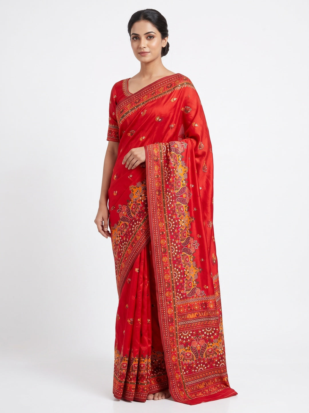 Red Pashmina Silk Weaving Saree Designed in Classic Rajwadi Style for Festive Wear - Image 1