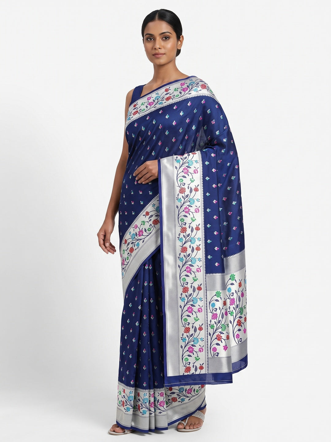 Festive Banarasi Silk Paithani Saree in Blue Enhanced with Zari Weaving - Image 1