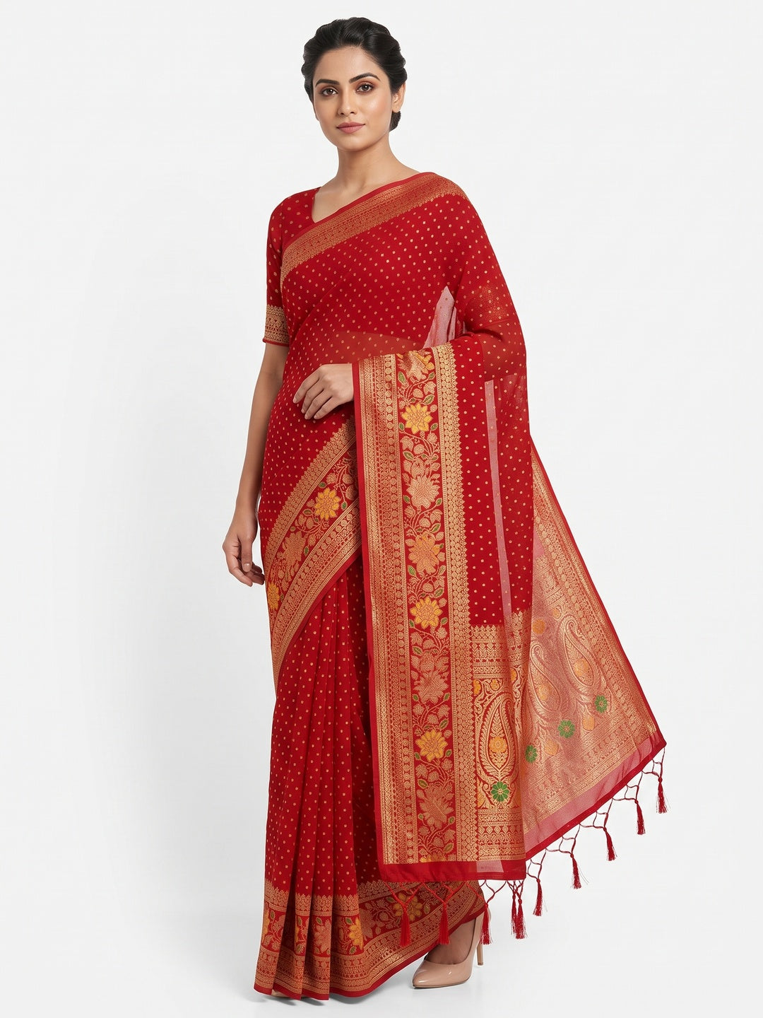 Red Saree in Pure Georgette Featuring Delicate Zari Butti Work - Image 1
