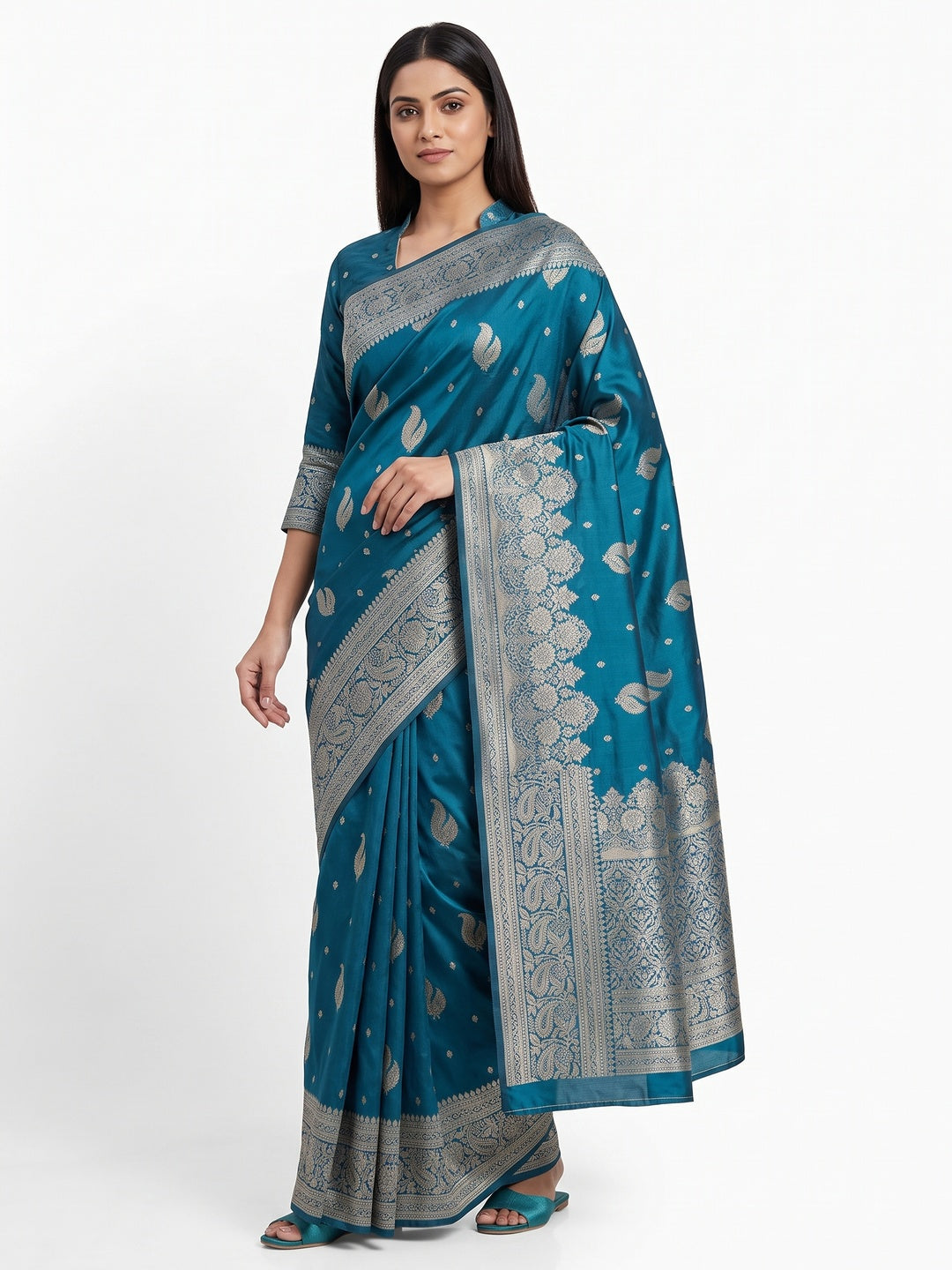 Teal Pure Banarasi Silk Saree Adorned with Exquisite Floral Zari Weaving - Image 1