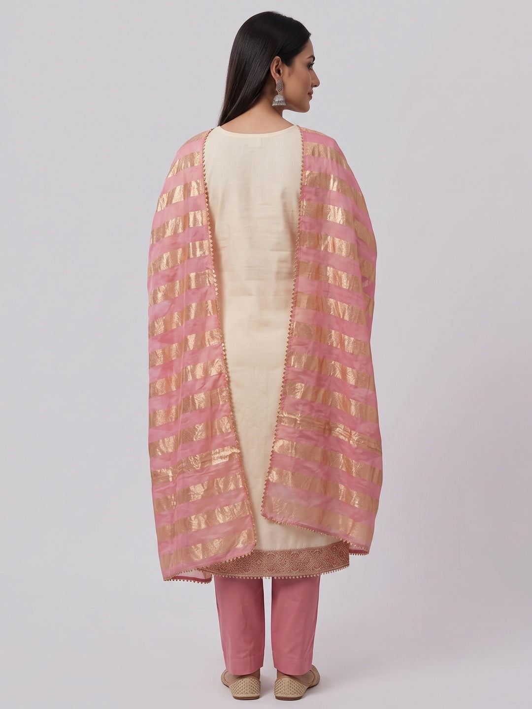 Cream & Pink Floral Weaving Shimmer Dress Material Adorned With Elegant Sequins Embroidery - Image 7
