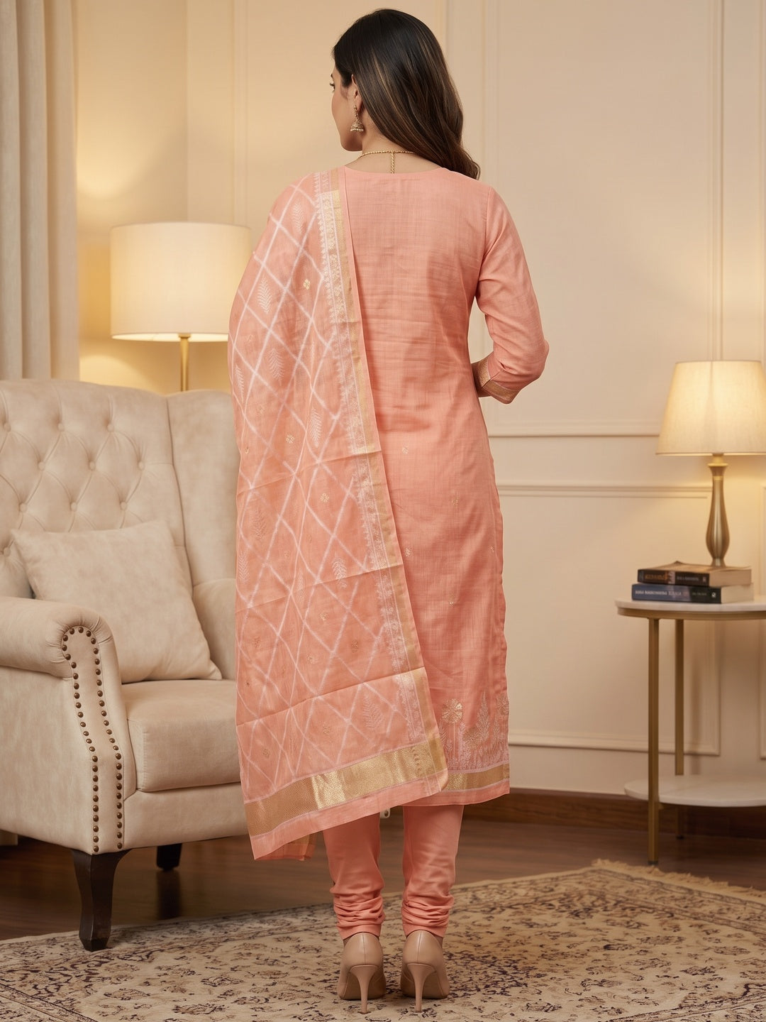 Premium Peach Floral Weaving Chanderi Silk Dress Material With Intricate Zari Work - Image 7