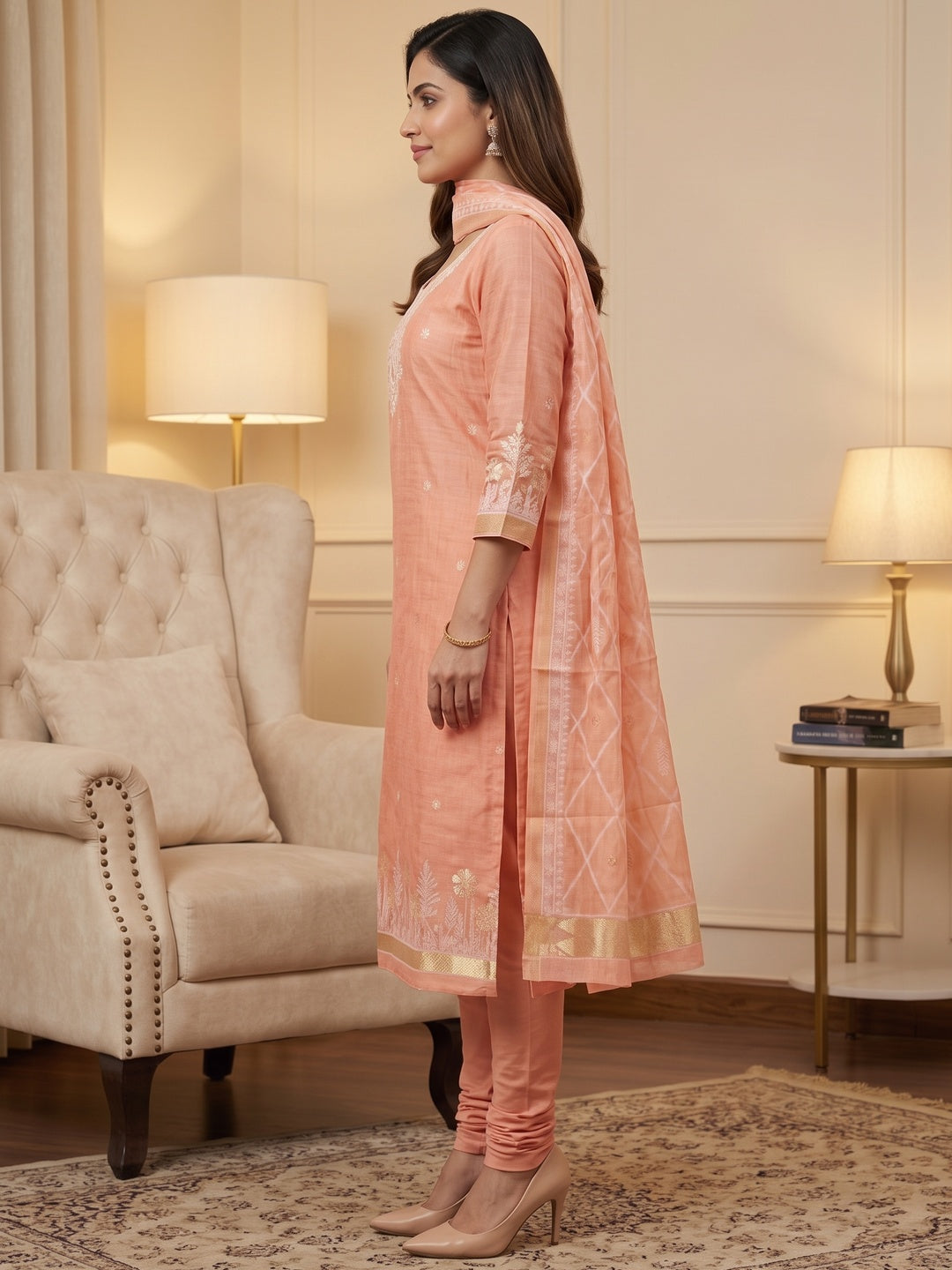 Premium Peach Floral Weaving Chanderi Silk Dress Material With Intricate Zari Work - Image 8
