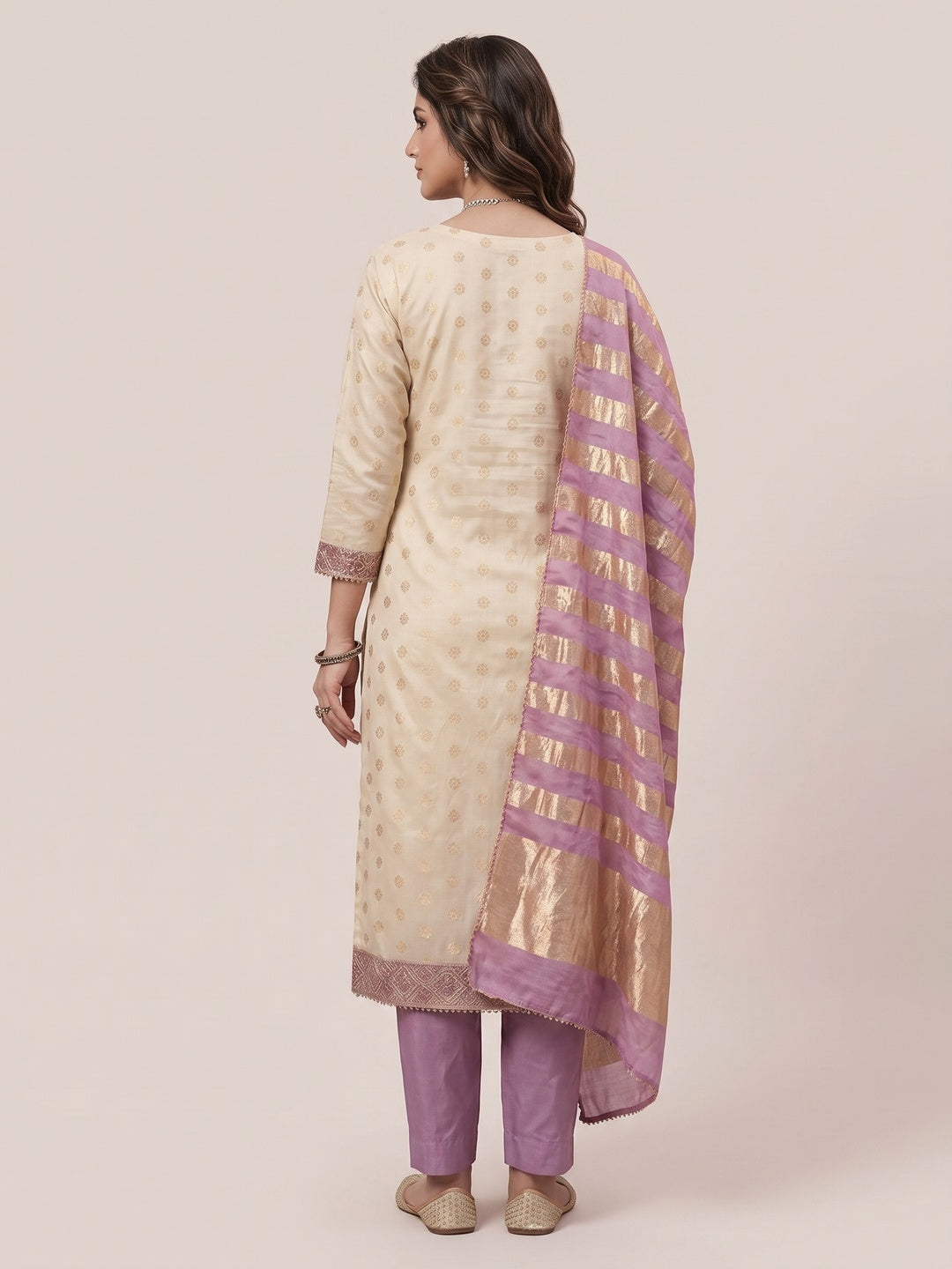 Cream & Lavender Floral Weaving Shimmer Dress Material Adorned With Elegant Sequins Embroidery - Image 7