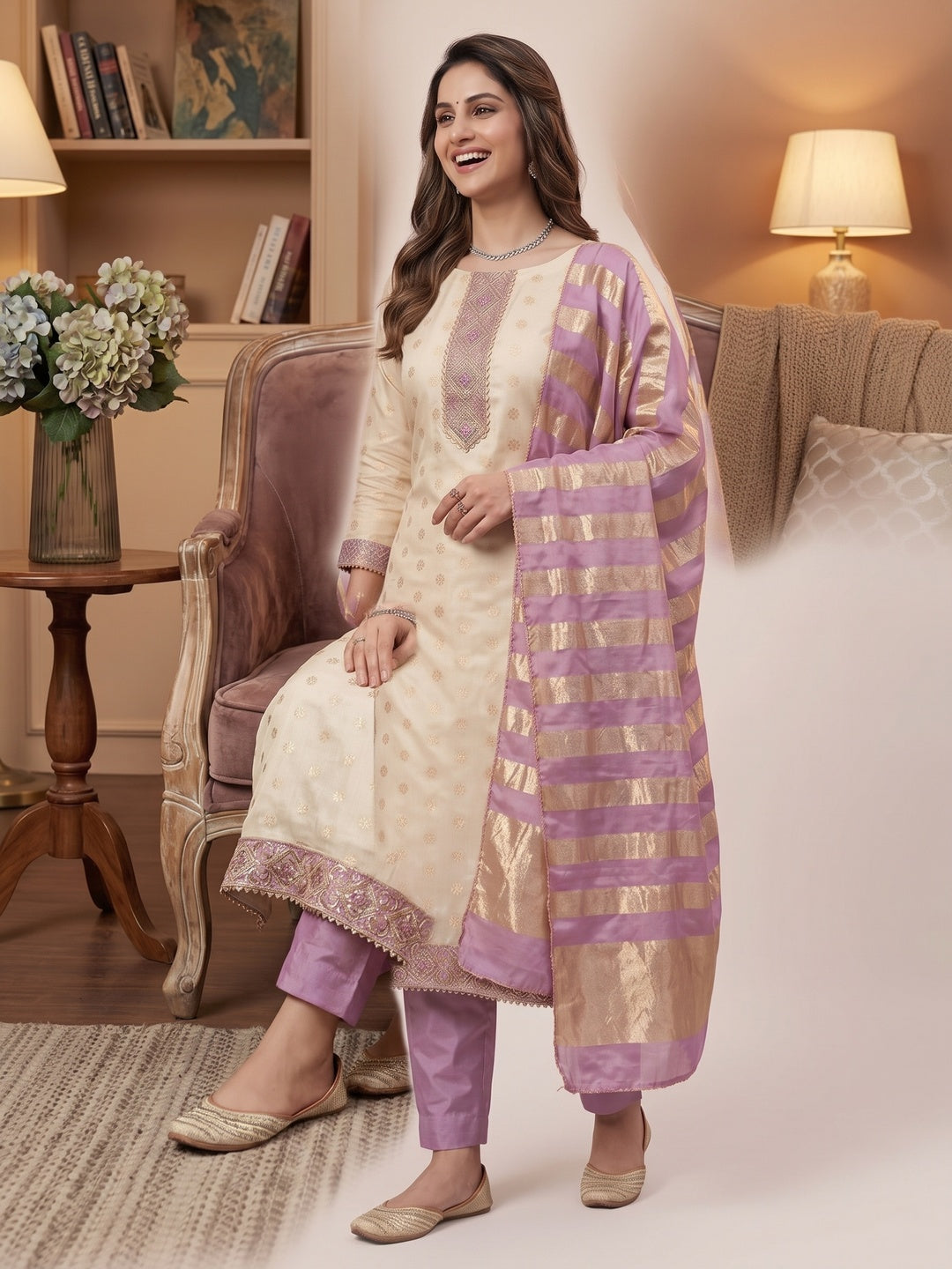 Cream & Lavender Floral Weaving Shimmer Dress Material Adorned With Elegant Sequins Embroidery - Image 9