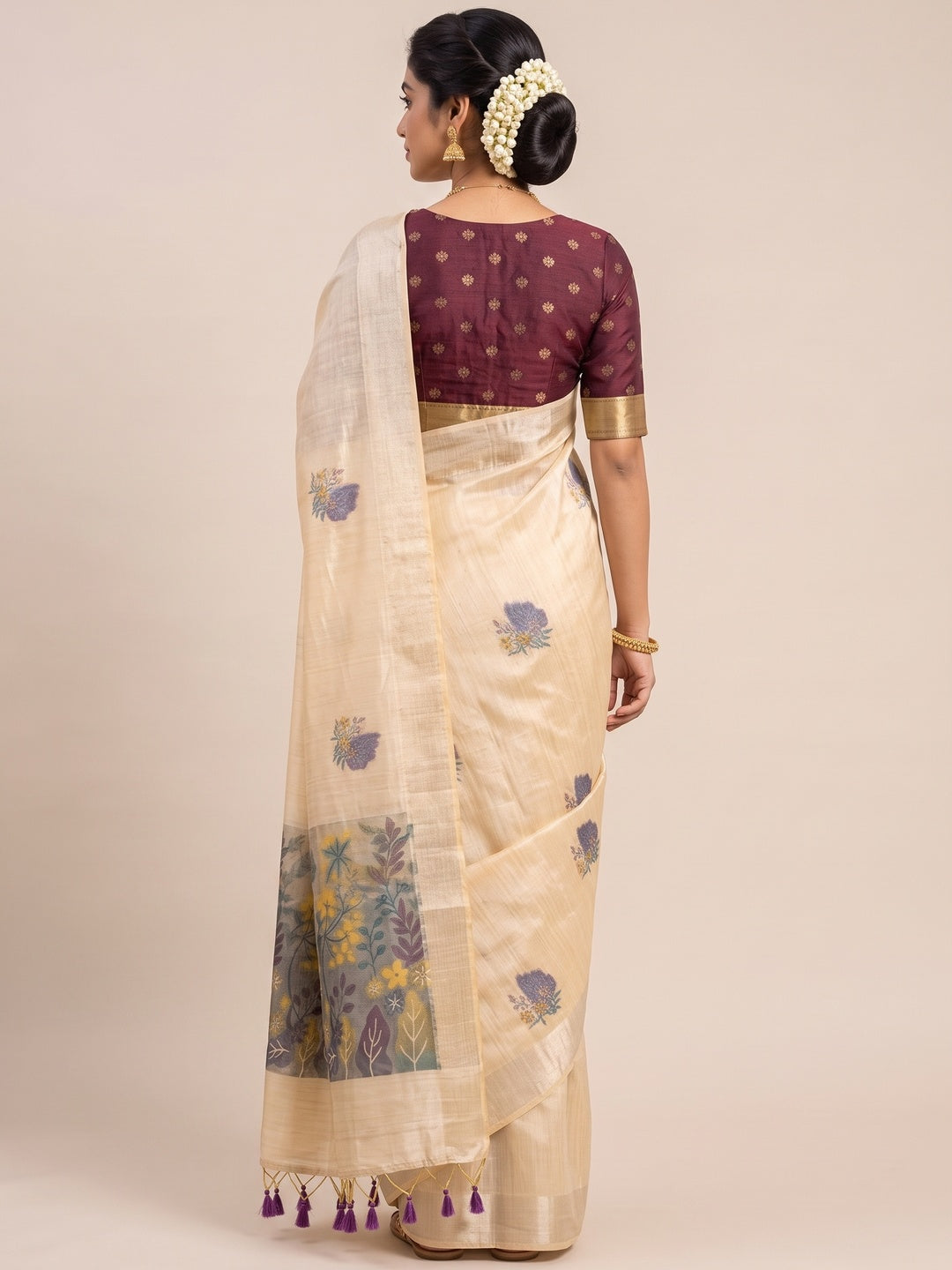 Beige Traditional Soft Muga Cotton Saree Elevated with Meenakari Weaving Detailing - Image 3