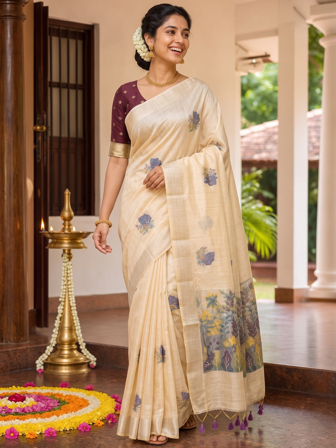 Beige Traditional Soft Muga Cotton Saree Elevated with Meenakari Weaving Detailing - Image 5