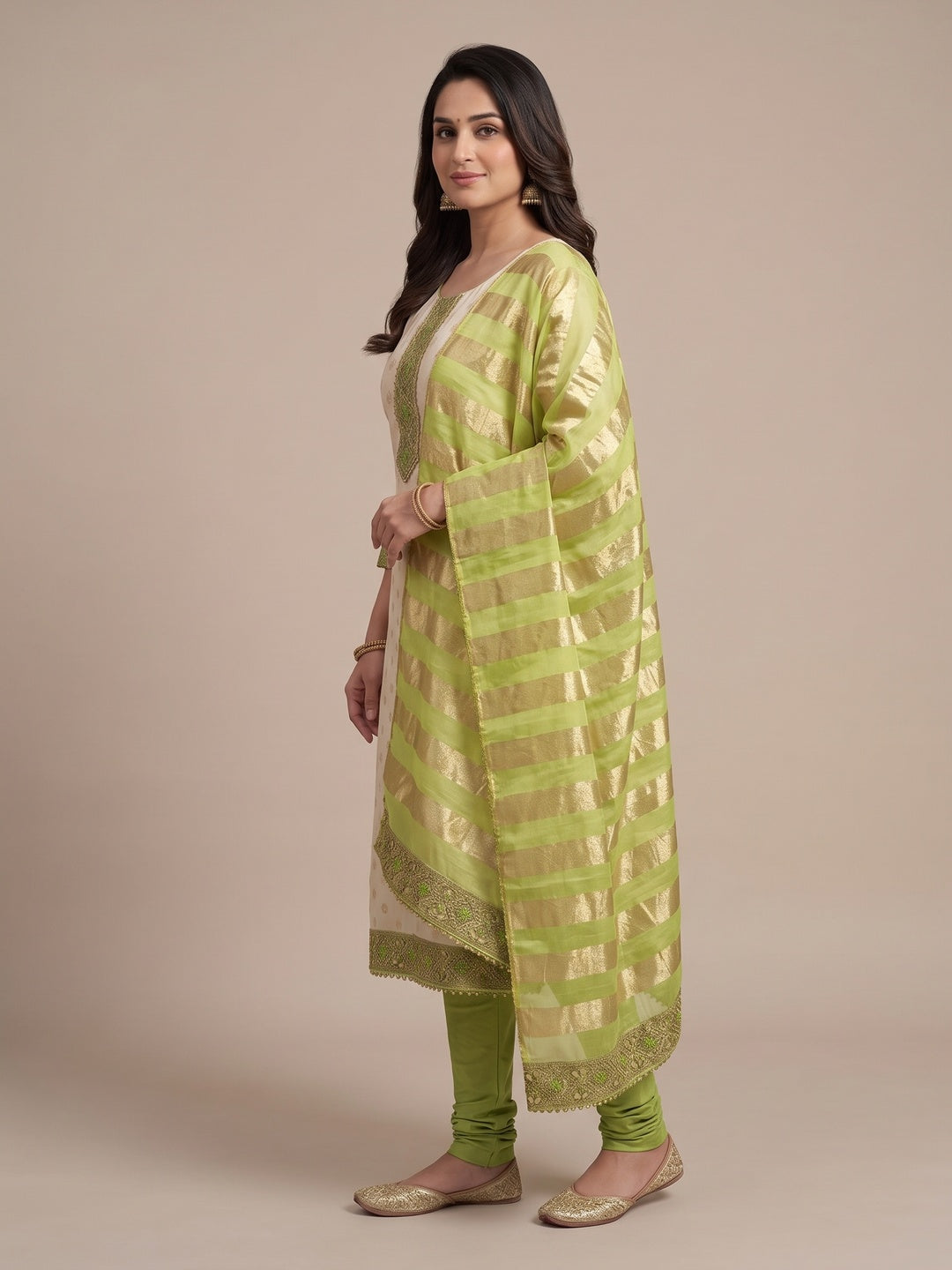 Cream & Green Floral Weaving Shimmer Dress Material Adorned With Elegant Sequins Embroidery - Image 8