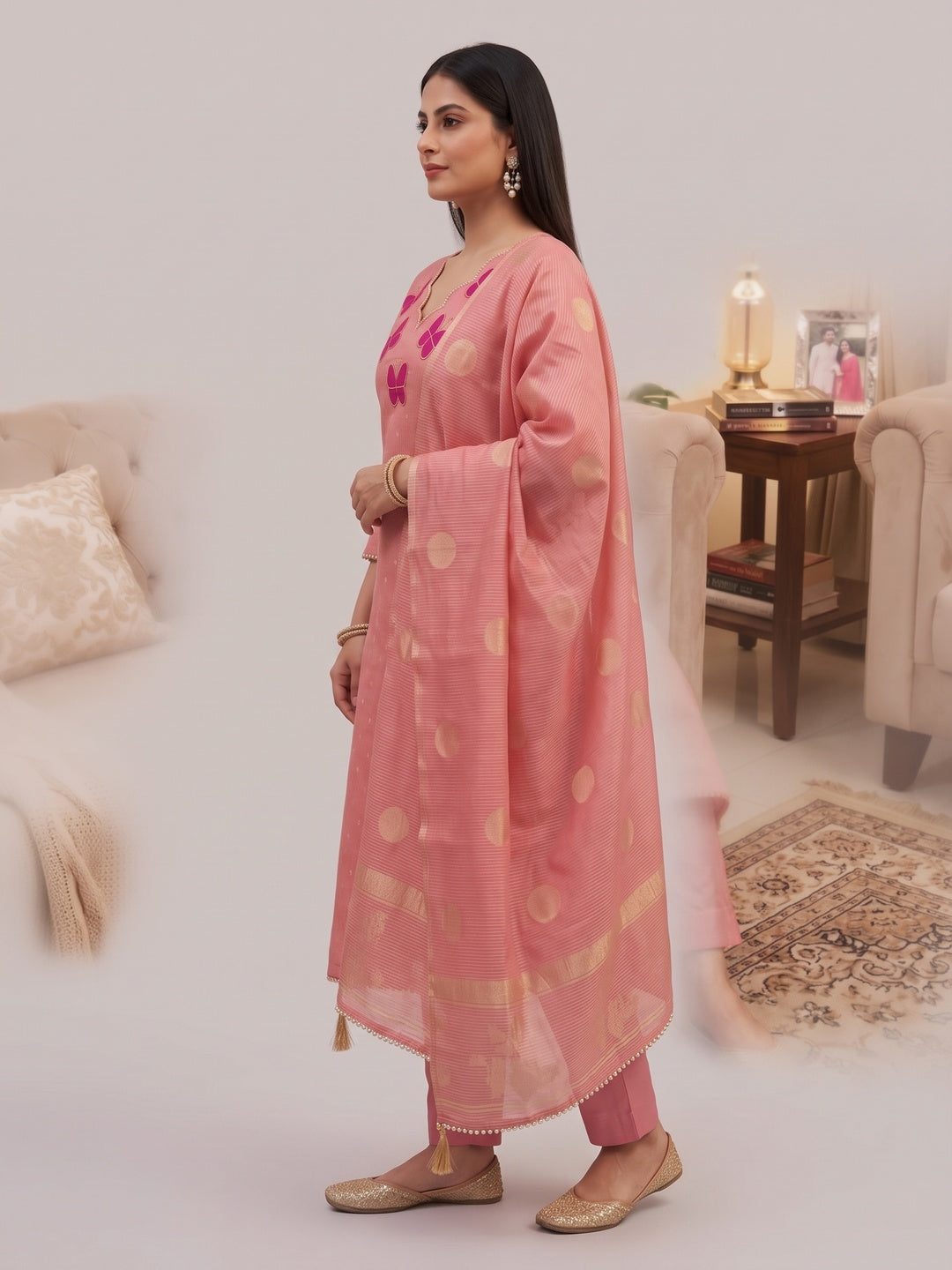 Premium Pink Striped Weaving Silk Blend Dress Material Enhanced with Beads & Moti Hand Work - Image 9