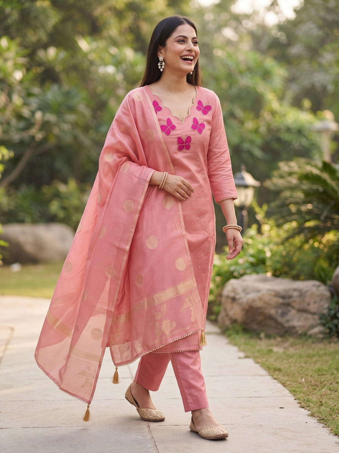 Premium Pink Striped Weaving Silk Blend Dress Material Enhanced with Beads & Moti Hand Work - Image 10