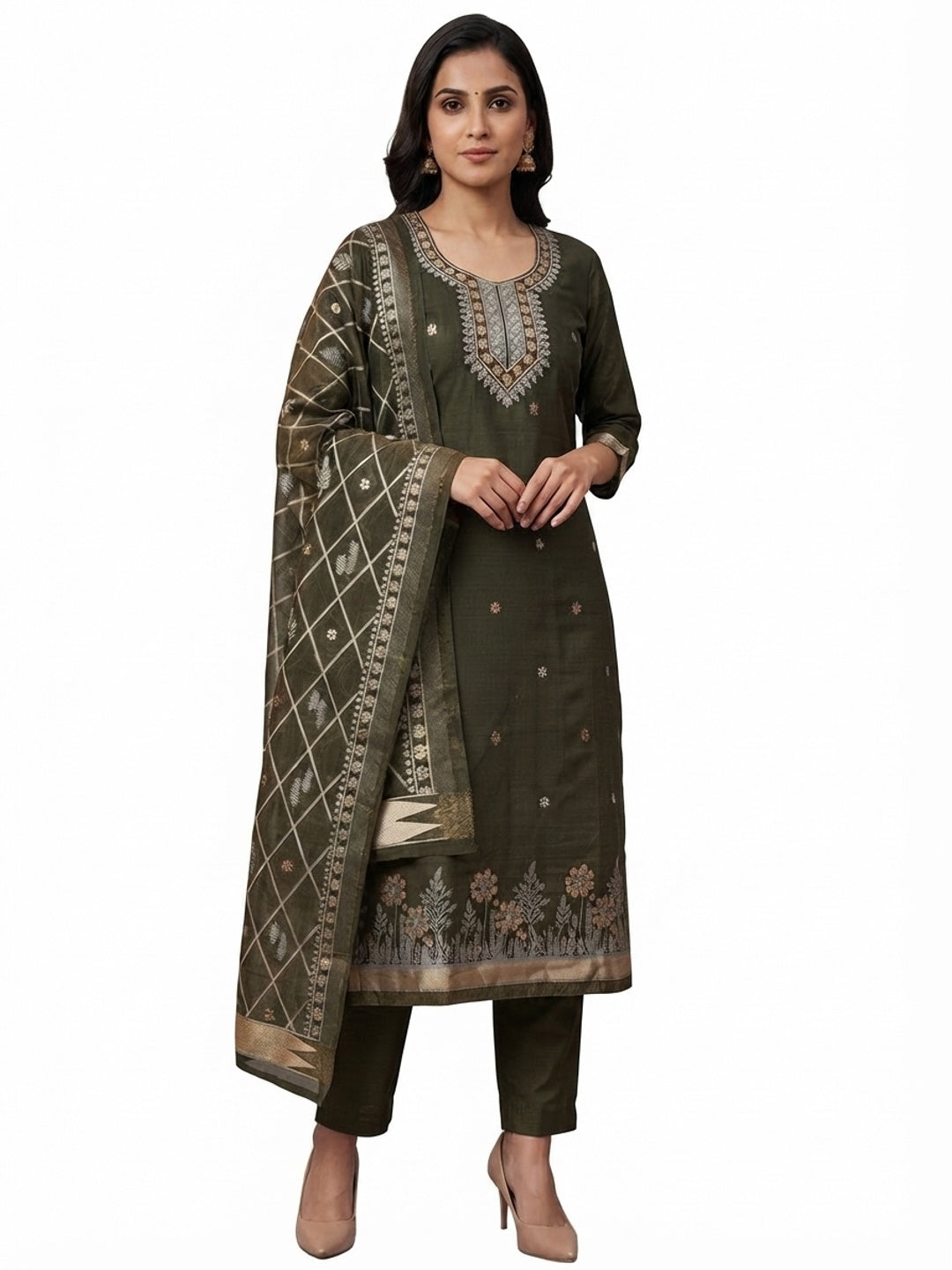 Premium Mehendi Green Floral Weaving Chanderi Silk Dress Material With Intricate Zari Work - Image 10