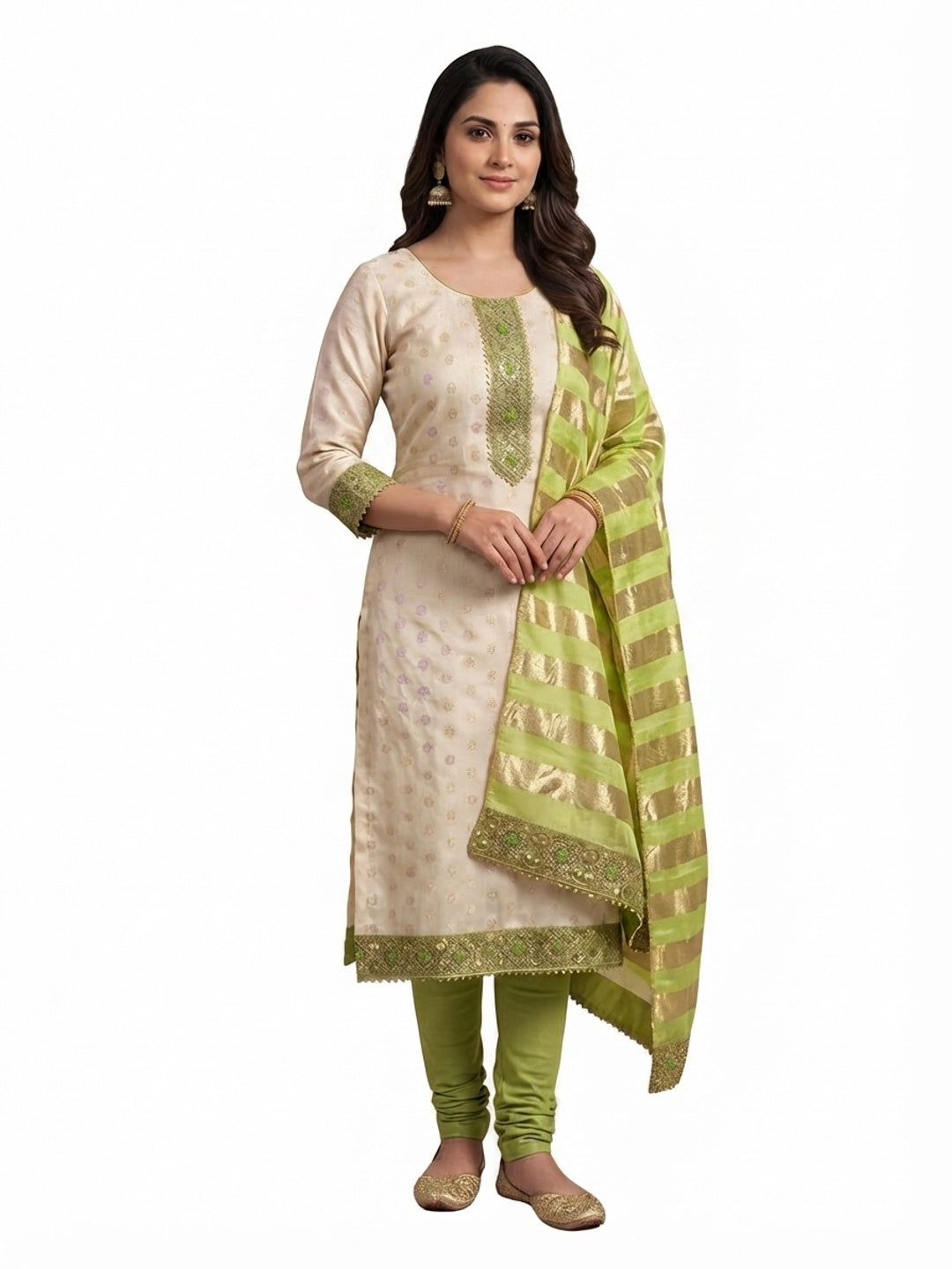 Cream & Green Floral Weaving Shimmer Dress Material Adorned With Elegant Sequins Embroidery - Image 10