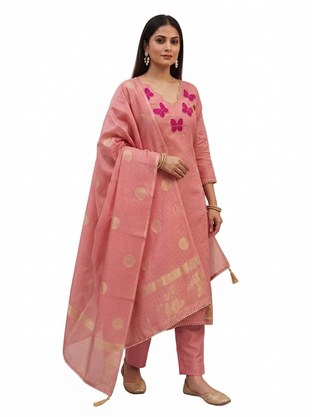 Premium Pink Striped Weaving Silk Blend Dress Material Enhanced with Beads & Moti Hand Work - Image 11