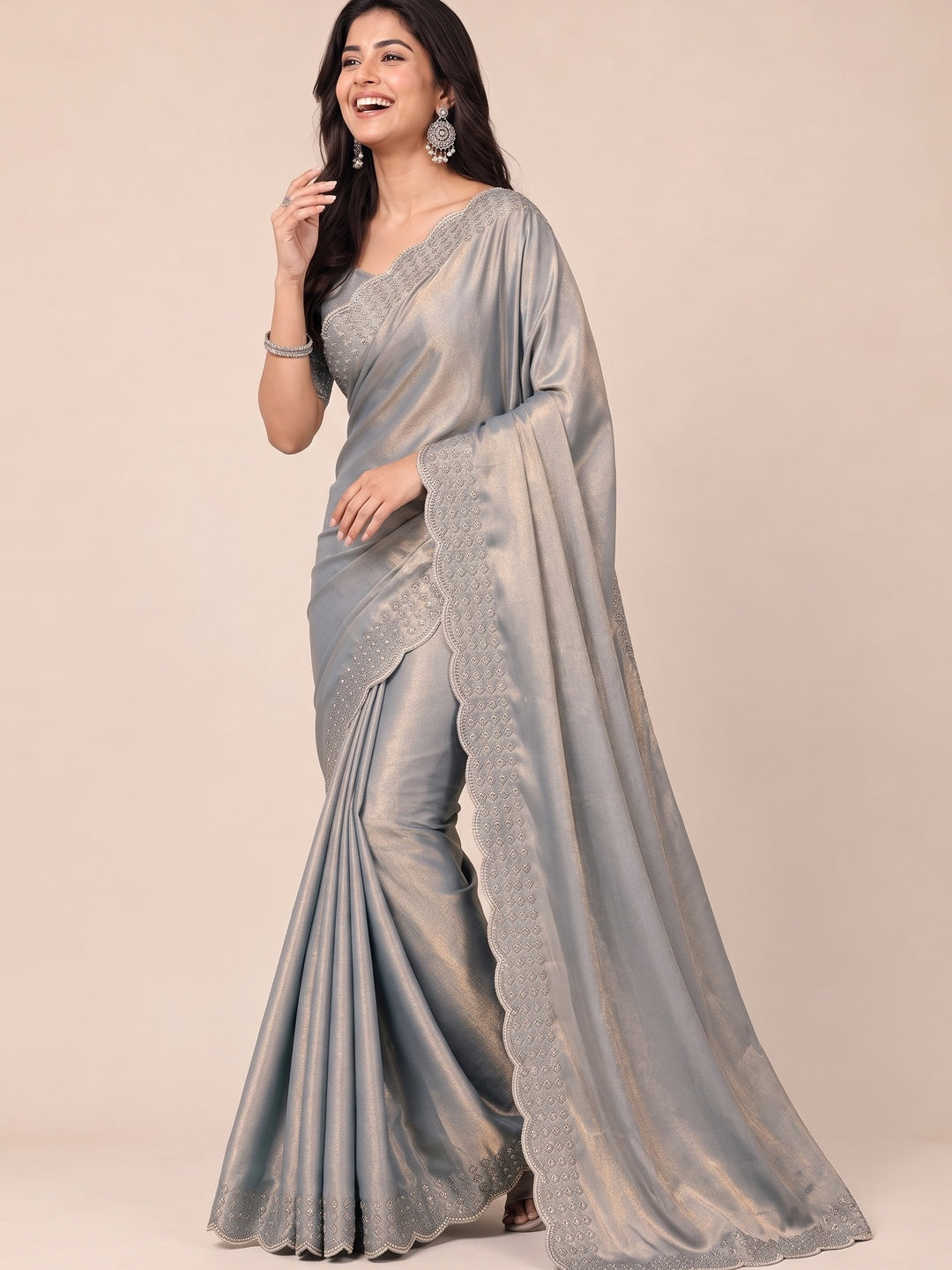 Peachmode Grey Fandy Satin Saree with Scalloped Cutwork Border - Image 4