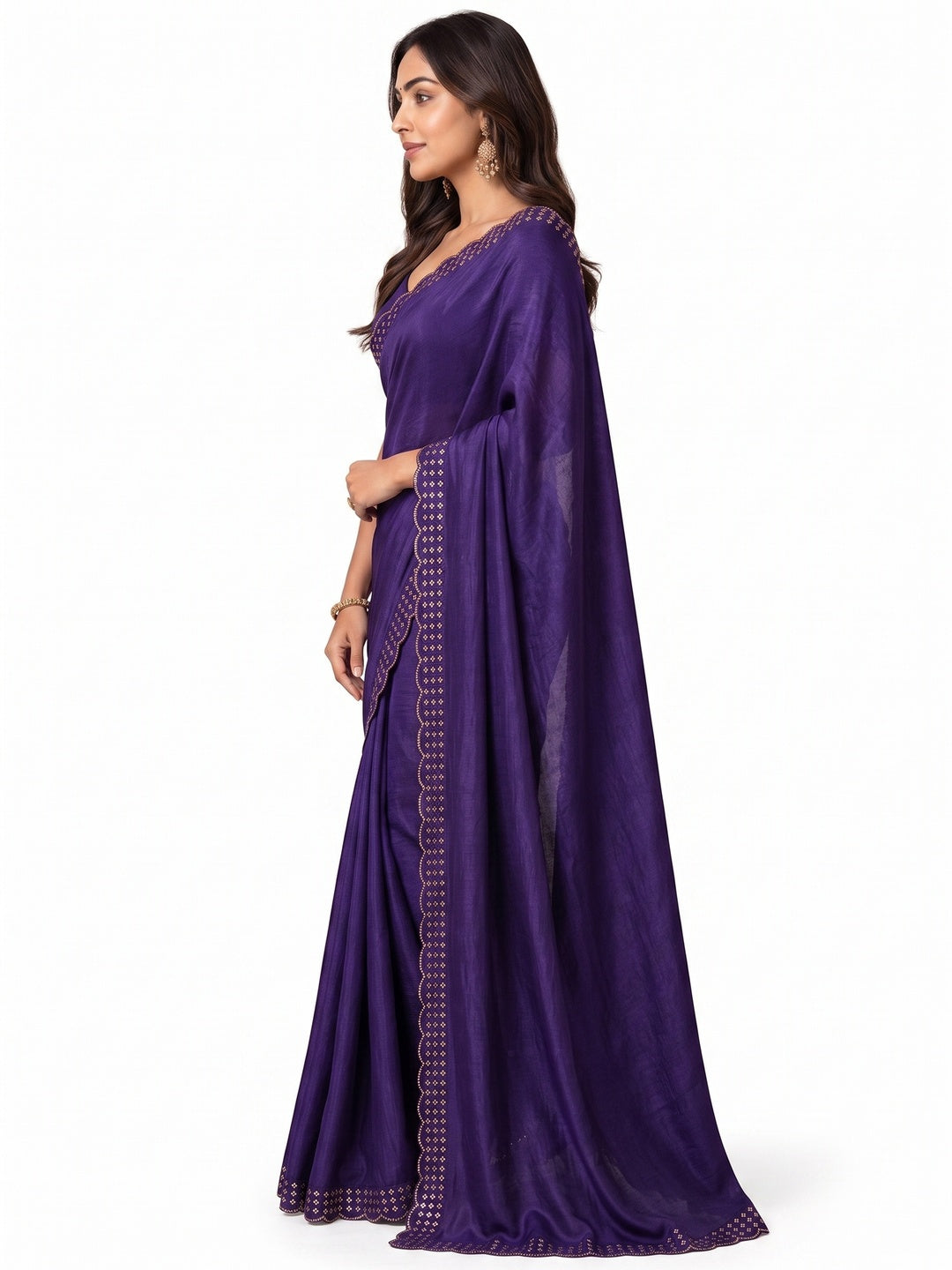 Peachmode Purple Fandy Satin Saree with Scalloped Cutwork Border - Image 3