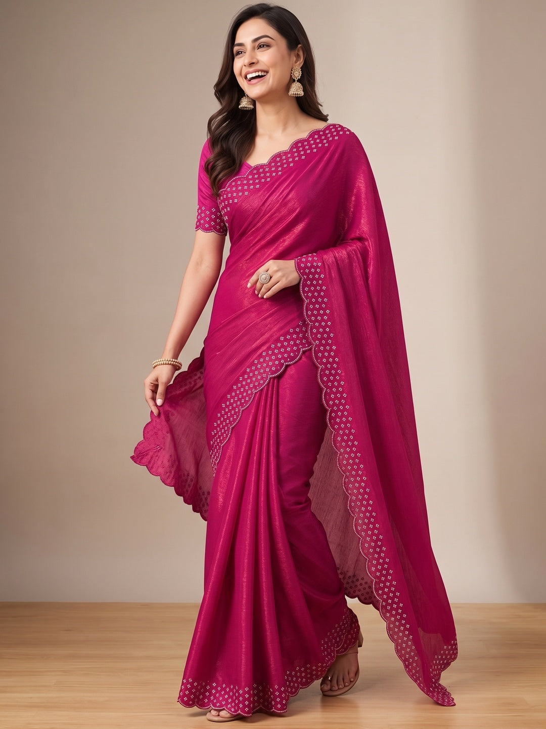 Peachmode Magenta Fandy Satin Saree with Scalloped Cutwork Border - Image 4
