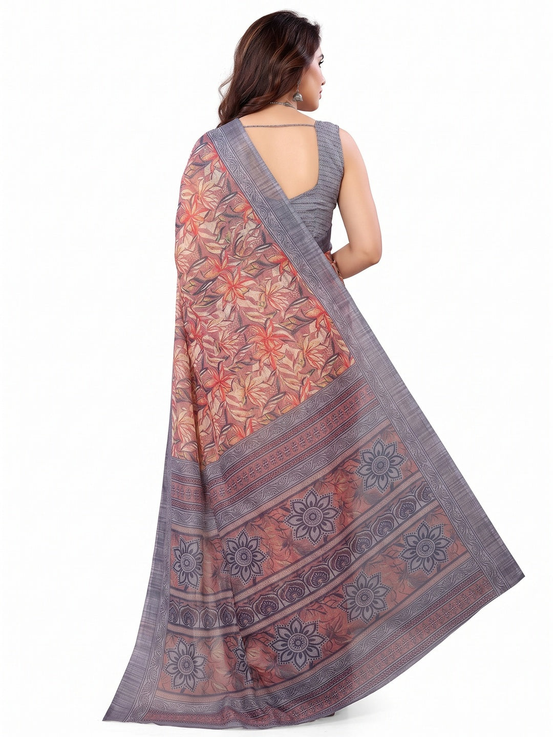 Mauve & Grey Floral Printed Kota Doria Saree - Image 6