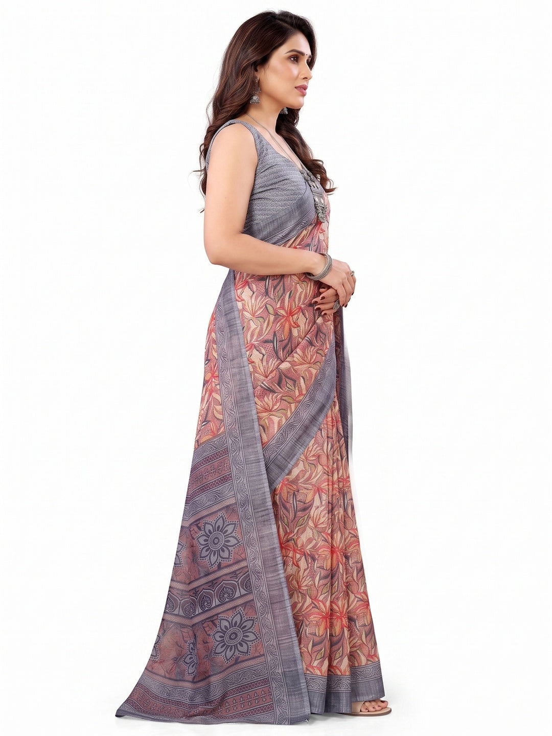 Mauve & Grey Floral Printed Kota Doria Saree - Image 7