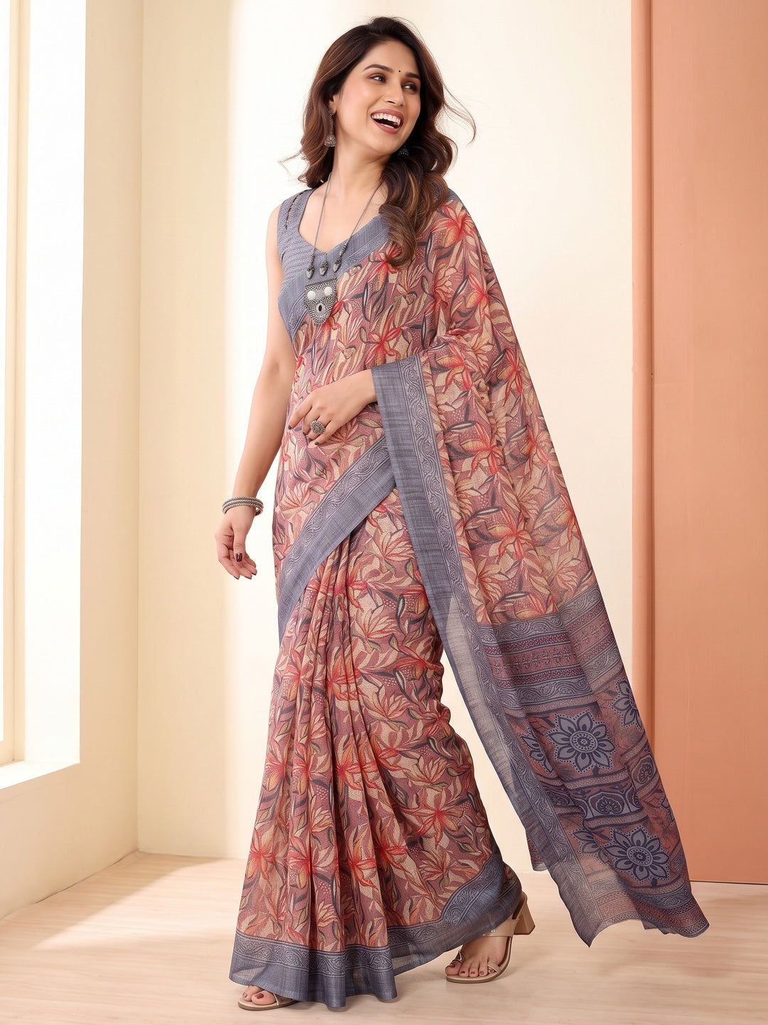 Mauve & Grey Floral Printed Kota Doria Saree - Image 8