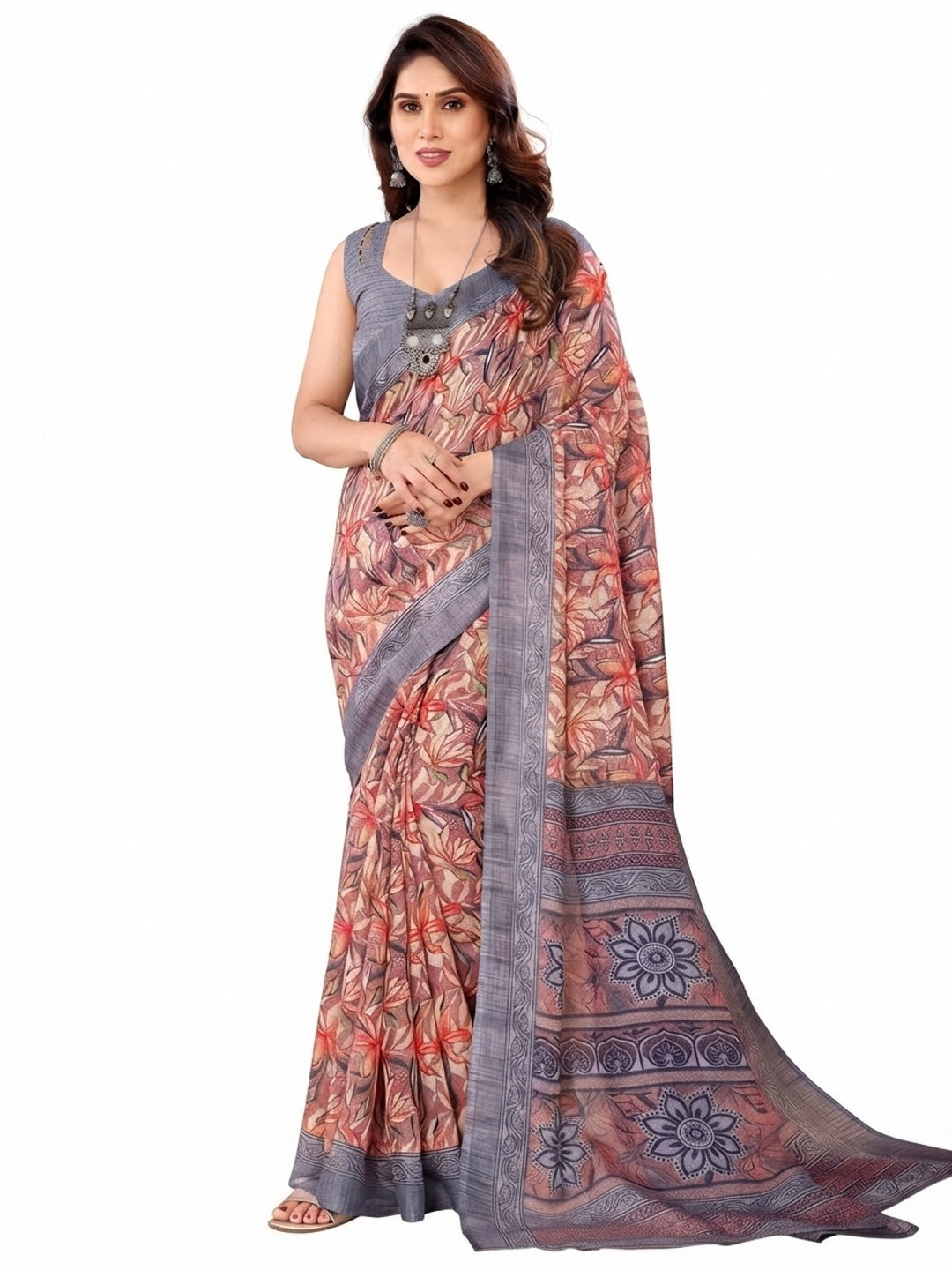 Mauve & Grey Floral Printed Kota Doria Saree - Image 9