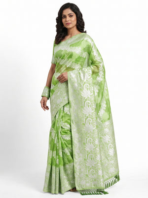 Green Floral Woven Banarasi Silk Saree With Tassels - Image 1