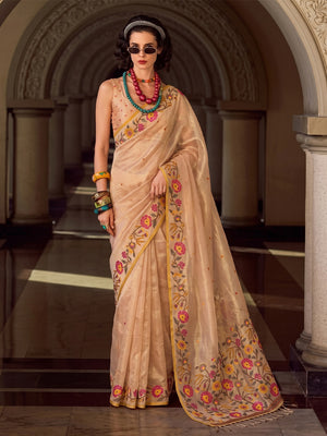 Peachmode Beige Tissue Silk Woven Saree - Image 1