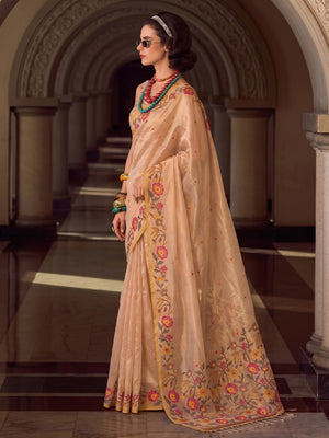 Peachmode Beige Tissue Silk Woven Saree - Image 2